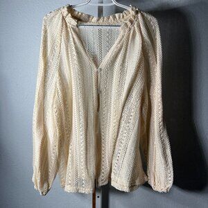 Vintage Boho Crochet Lace Button V Neck Cream Blouse w Elastic Cuffs SZ 3XL